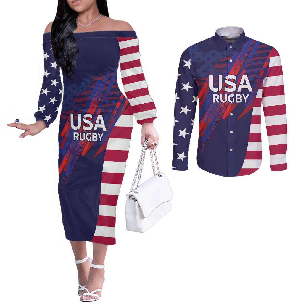 Custom United States Pacific Rugby 2024 Couples Matching Off The Shoulder Long Sleeve Dress and Long Sleeve Button Shirt The Eagle and USA Flag Style