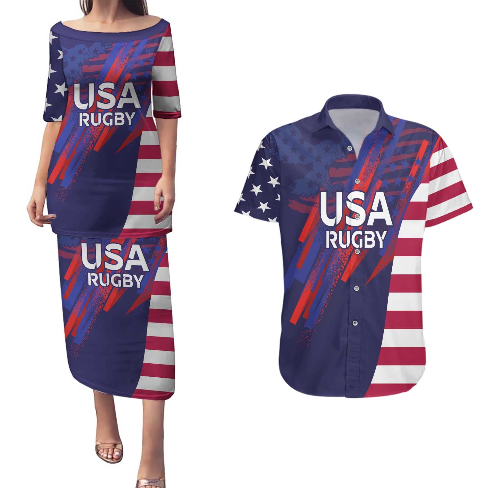 Custom United States Pacific Rugby 2024 Couples Matching Puletasi and Hawaiian Shirt The Eagle and USA Flag Style - Wonder Print Shop