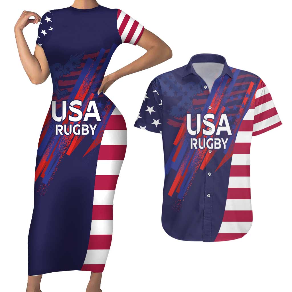 Custom United States Pacific Rugby 2024 Couples Matching Short Sleeve Bodycon Dress and Hawaiian Shirt The Eagle and USA Flag Style - Wonder Print Shop