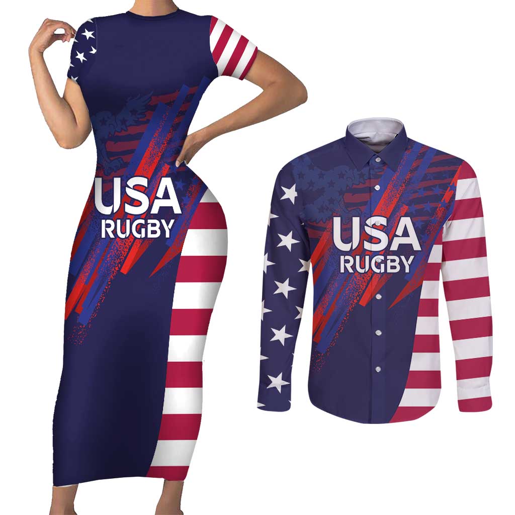 Custom United States Pacific Rugby 2024 Couples Matching Short Sleeve Bodycon Dress and Long Sleeve Button Shirt The Eagle and USA Flag Style - Wonder Print Shop