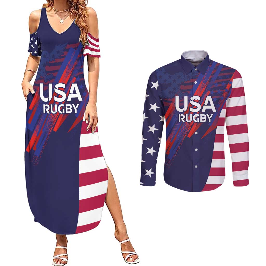 Custom United States Pacific Rugby 2024 Couples Matching Summer Maxi Dress and Long Sleeve Button Shirt The Eagle and USA Flag Style - Wonder Print Shop