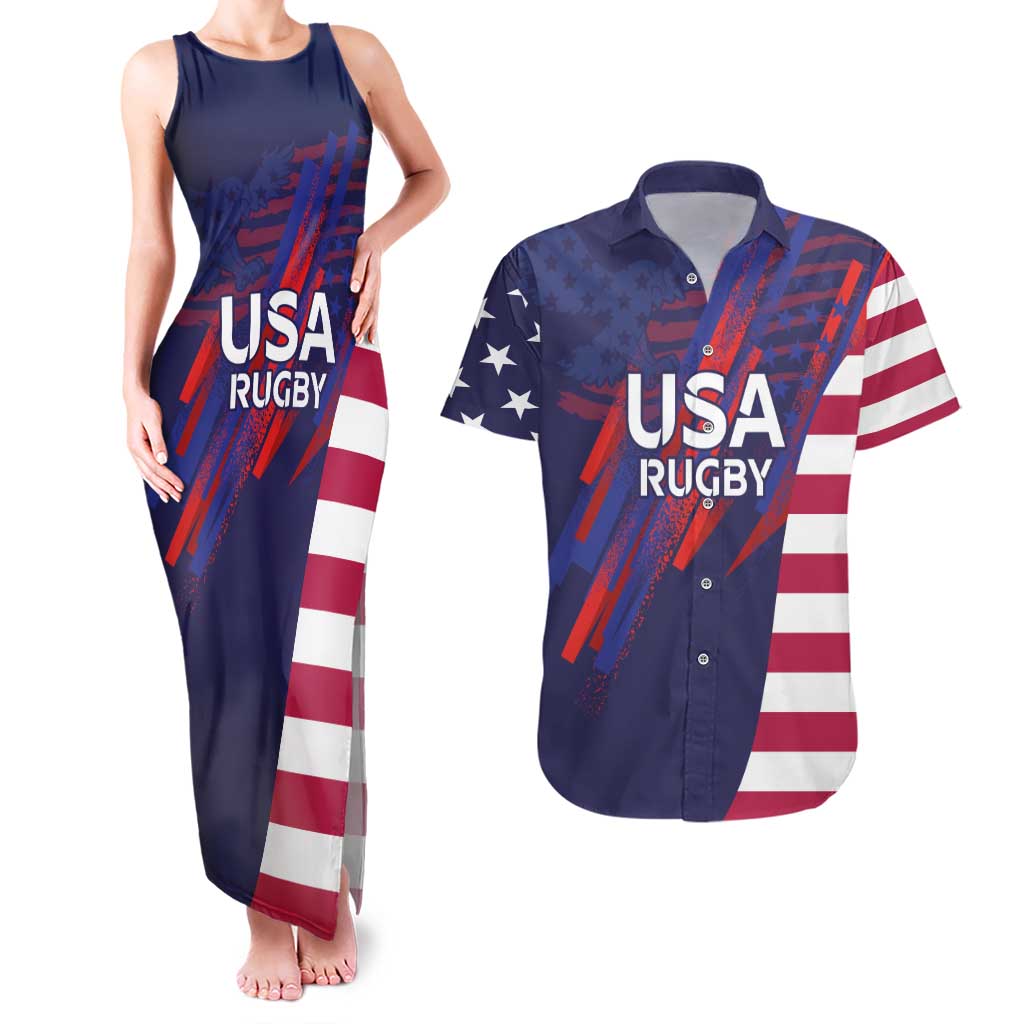 Custom United States Pacific Rugby 2024 Couples Matching Tank Maxi Dress and Hawaiian Shirt The Eagle and USA Flag Style - Wonder Print Shop