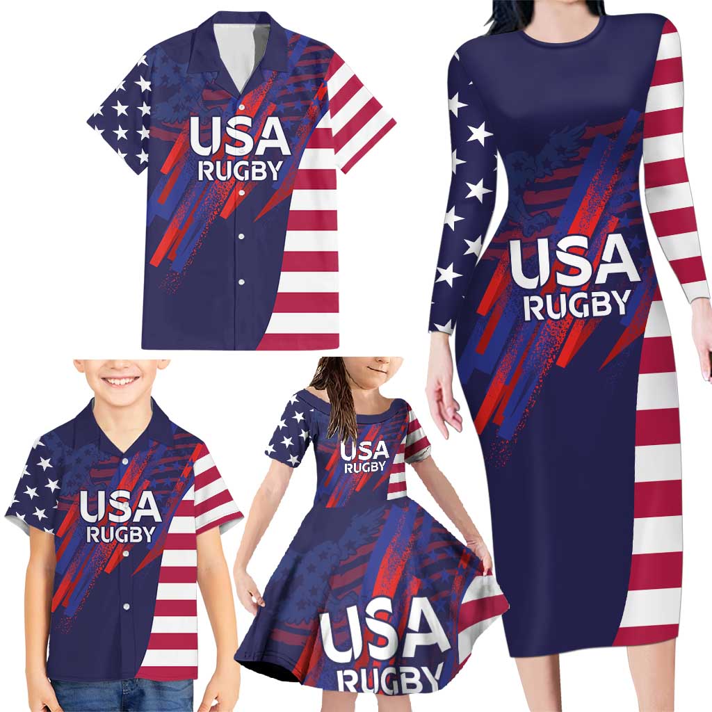 Custom United States Pacific Rugby 2024 Family Matching Long Sleeve Bodycon Dress and Hawaiian Shirt The Eagle and USA Flag Style - Wonder Print Shop