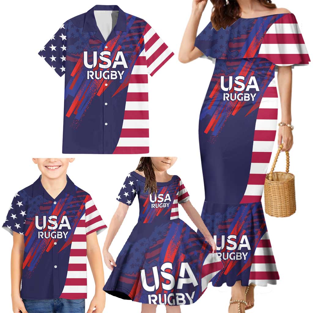 Custom United States Pacific Rugby 2024 Family Matching Mermaid Dress and Hawaiian Shirt The Eagle and USA Flag Style - Wonder Print Shop