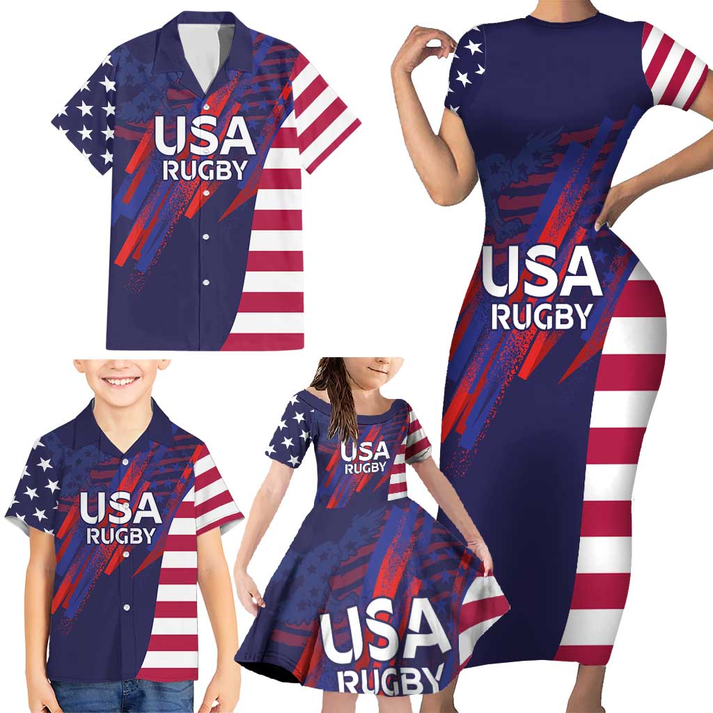 Custom United States Pacific Rugby 2024 Family Matching Short Sleeve Bodycon Dress and Hawaiian Shirt The Eagle and USA Flag Style - Wonder Print Shop