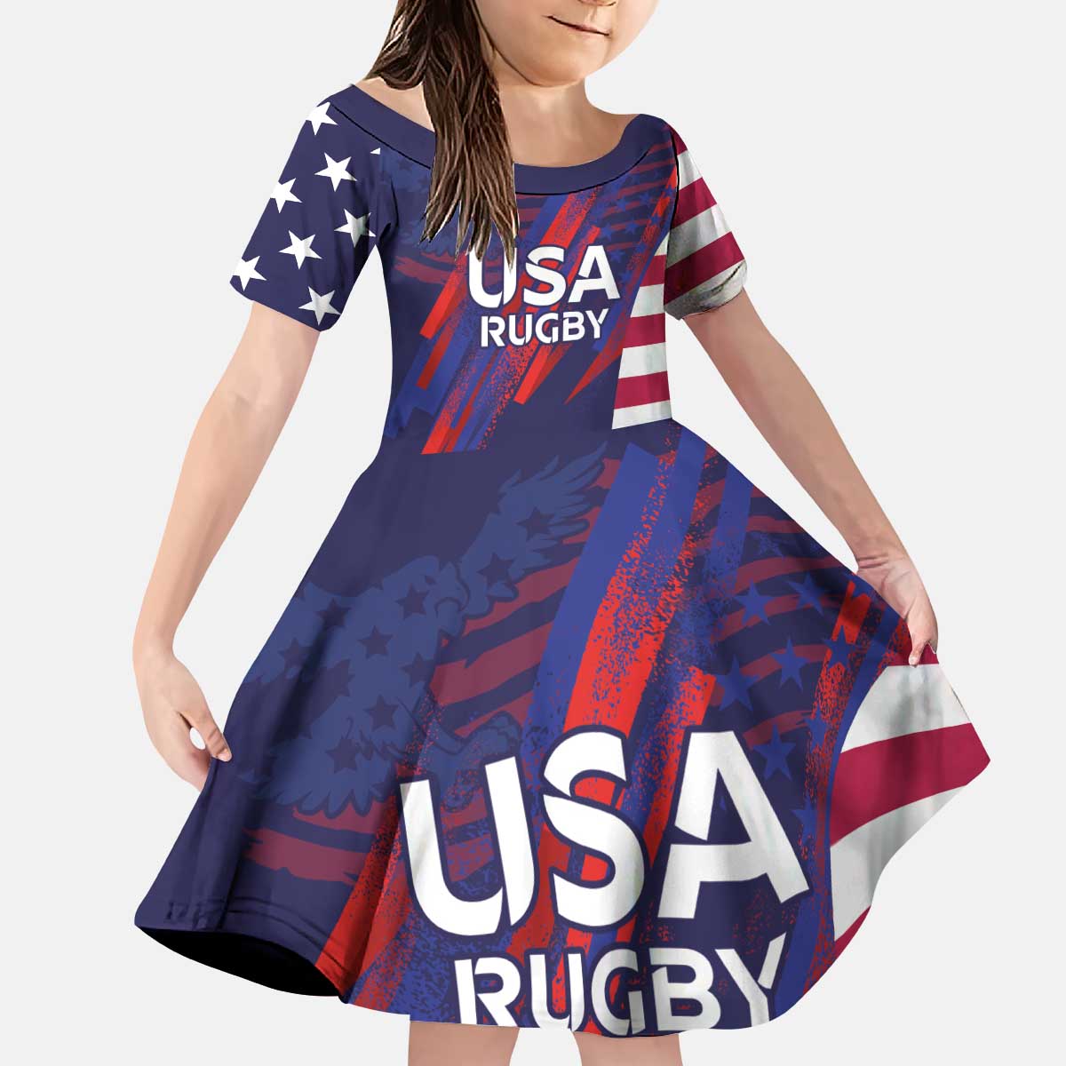 Custom United States Pacific Rugby 2024 Kid Short Sleeve Dress The Eagle and USA Flag Style - Wonder Print Shop