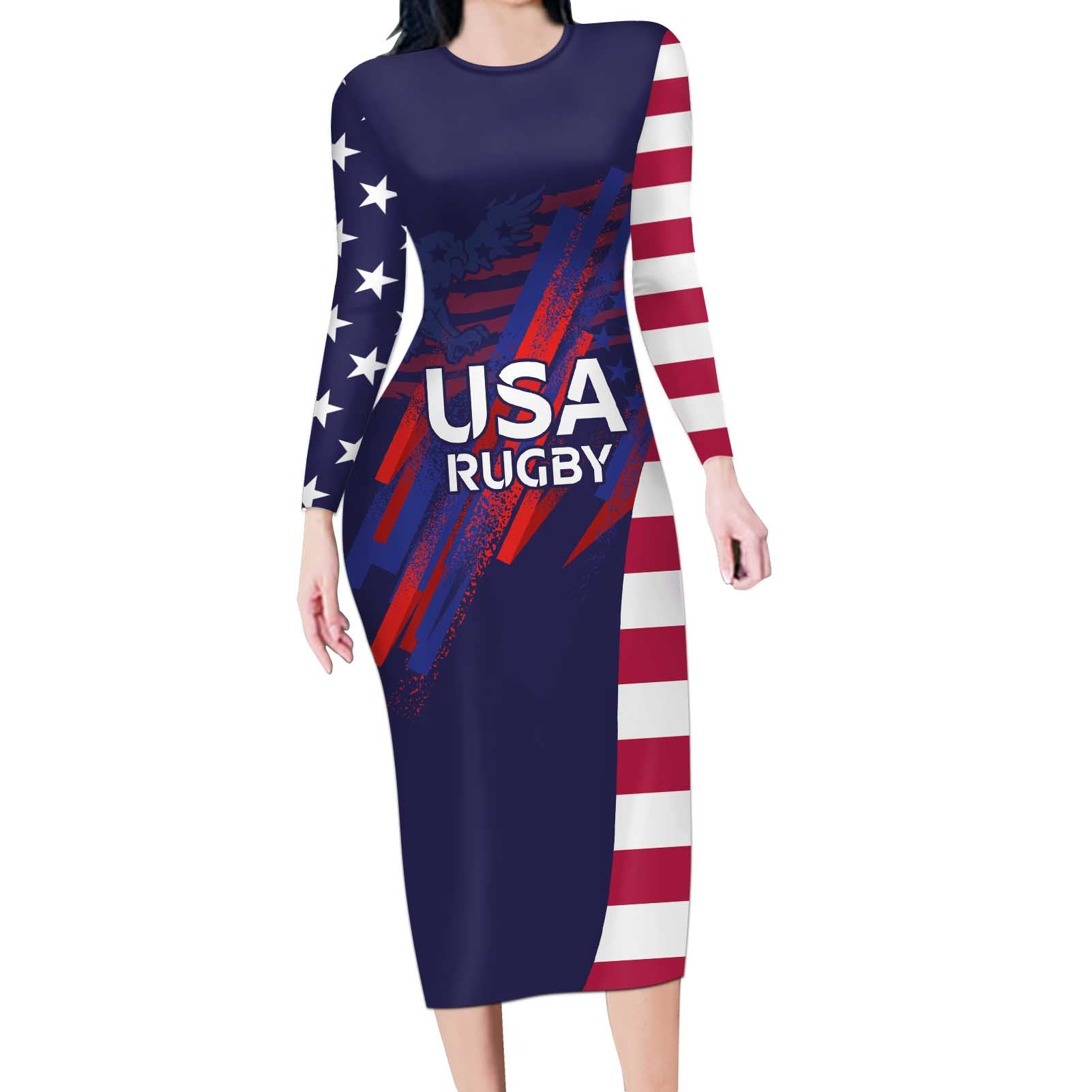 Custom United States Pacific Rugby 2024 Long Sleeve Bodycon Dress The Eagle and USA Flag Style - Wonder Print Shop