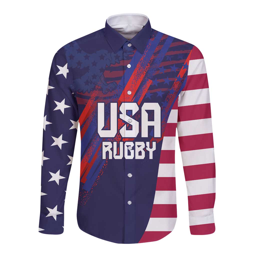 Custom United States Pacific Rugby 2024 Long Sleeve Button Shirt The Eagle and USA Flag Style