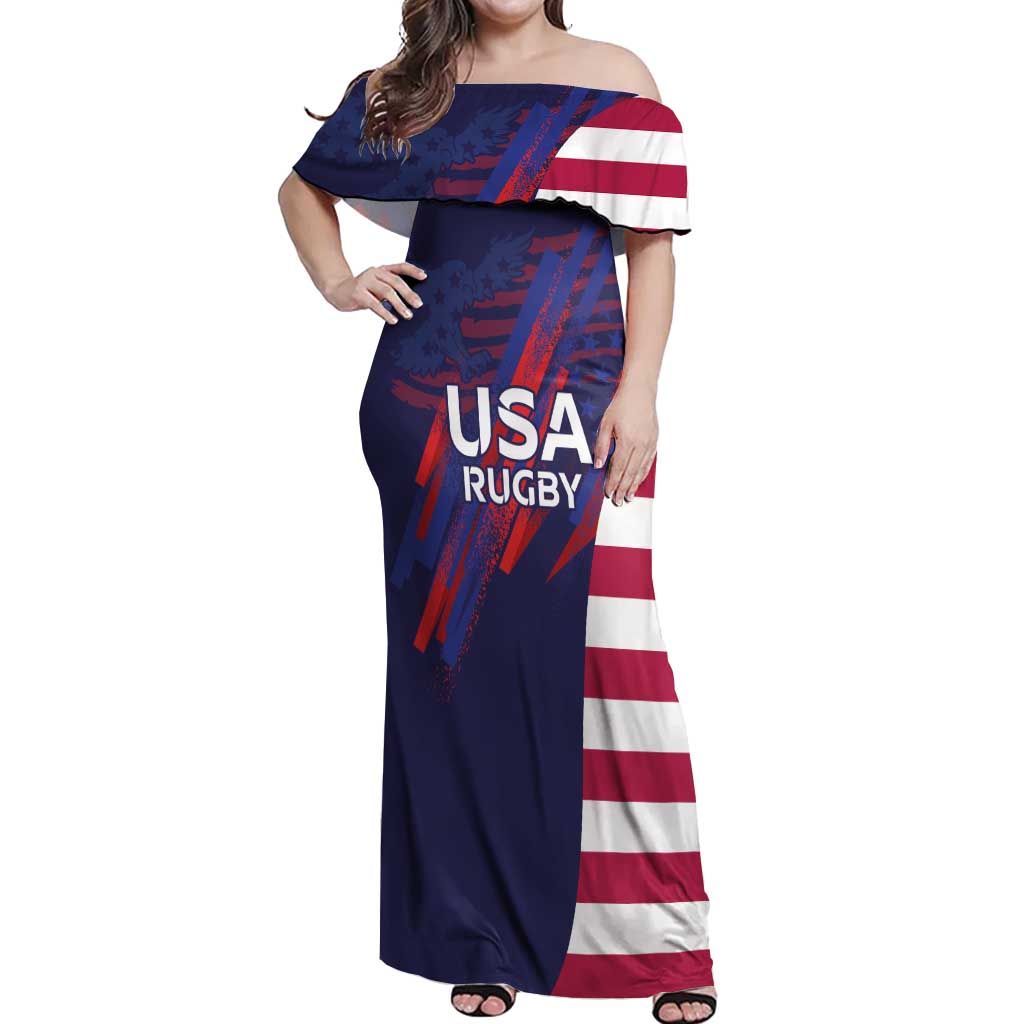 Custom United States Pacific Rugby 2024 Off Shoulder Maxi Dress The Eagle and USA Flag Style - Wonder Print Shop