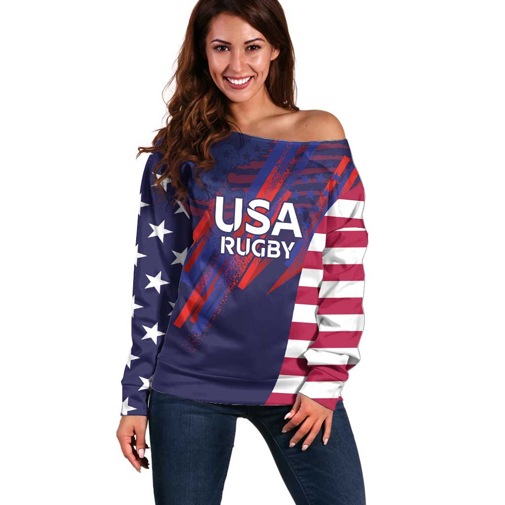 Custom United States Pacific Rugby 2024 Off Shoulder Sweater The Eagle and USA Flag Style - Wonder Print Shop