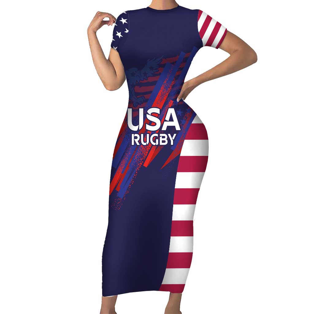 Custom United States Pacific Rugby 2024 Short Sleeve Bodycon Dress The Eagle and USA Flag Style