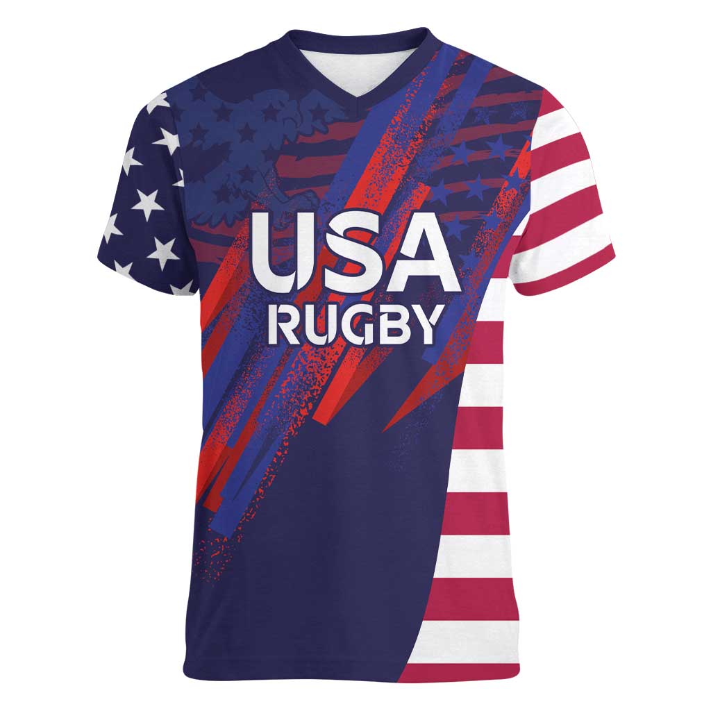 Custom United States Pacific Rugby 2024 Women V-Neck T-Shirt The Eagle and USA Flag Style