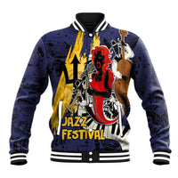 Unisex deep blue baseball jacket with ribbed collar, striped cuffs, bold jazz festival graphic