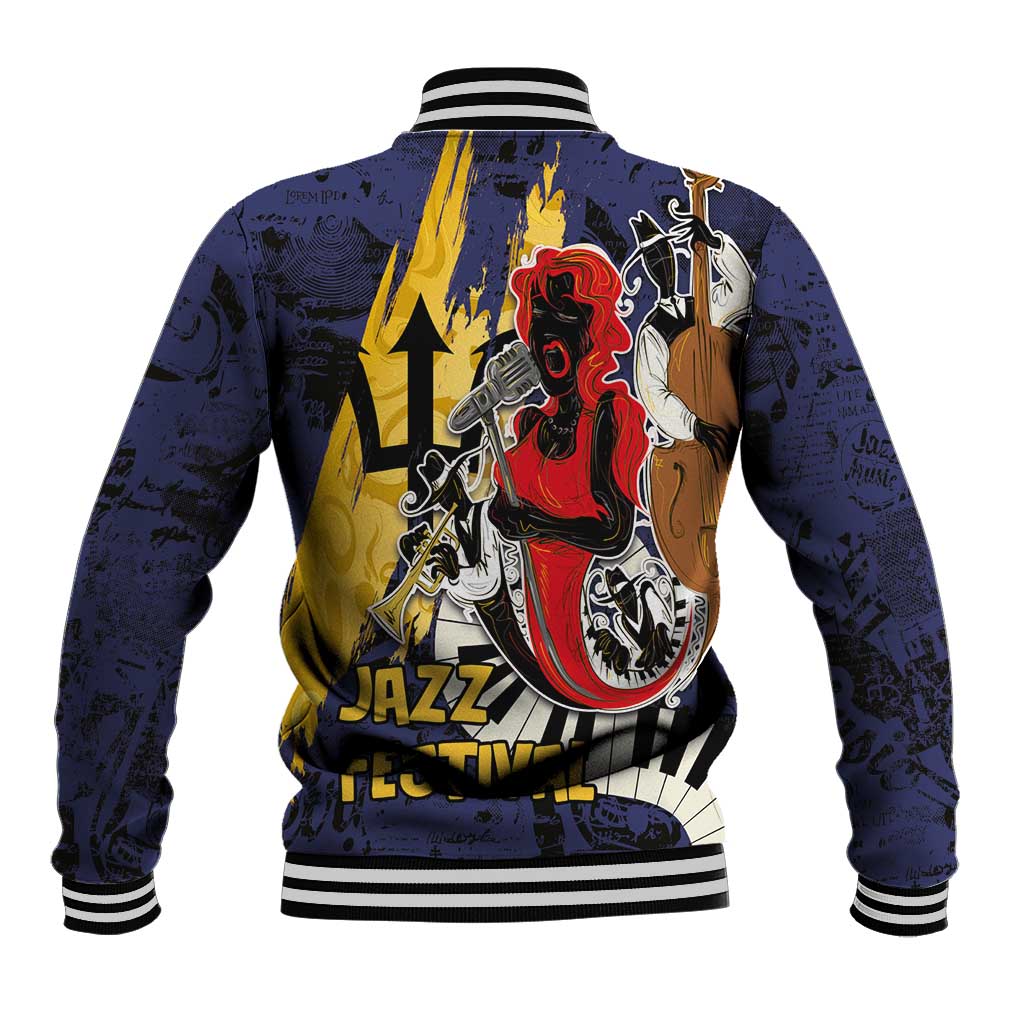 Unisex deep blue baseball jacket back with jazz festival graphic, yellow lightning stripe