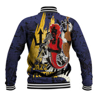 Unisex deep blue baseball jacket back with jazz festival graphic, yellow lightning stripe
