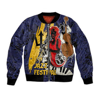 Deep blue bomber jacket with abstract jazz festival musician graphics and front zipper