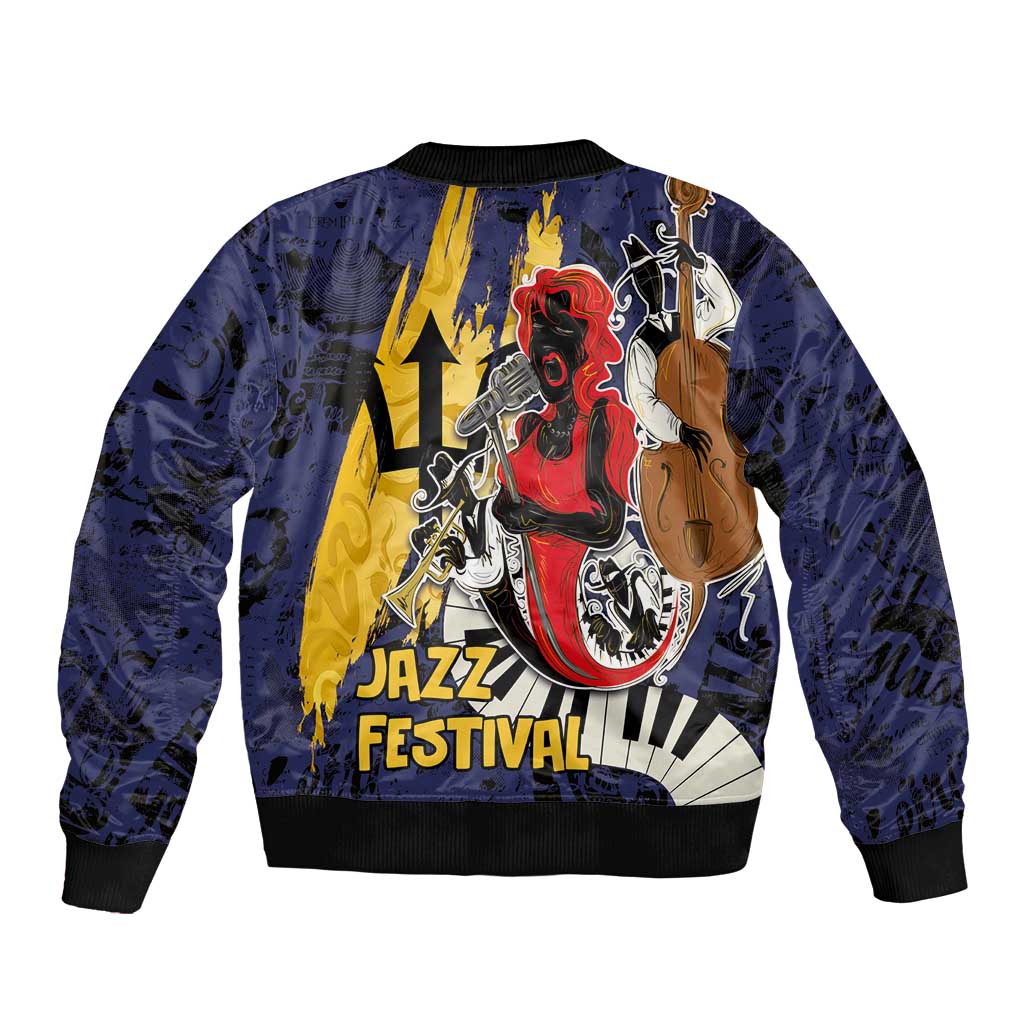 Deep blue bomber jacket with large jazz festival print, ribbed hem and cuffs