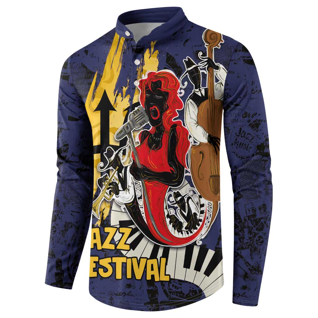 Deep blue button sweatshirt with red singer, sax and trumpet graphics, 'JAZZ FESTIVAL' print