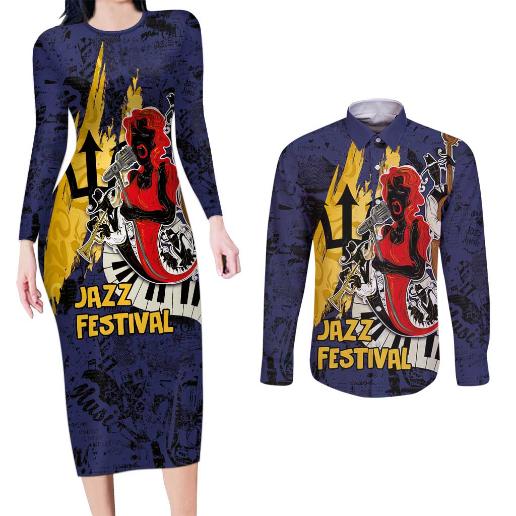 Barbados Jazz Festival - Abstract Jazz Art Couples Matching Long Sleeve Bodycon Dress and Long Sleeve Button Shirt