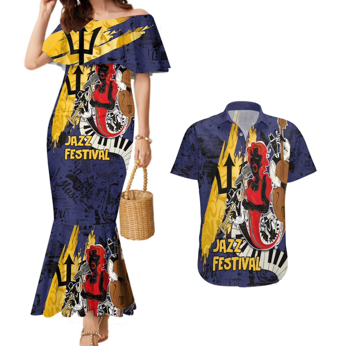 Barbados Jazz Festival - Abstract Jazz Art Couples Matching Mermaid Dress and Hawaiian Shirt