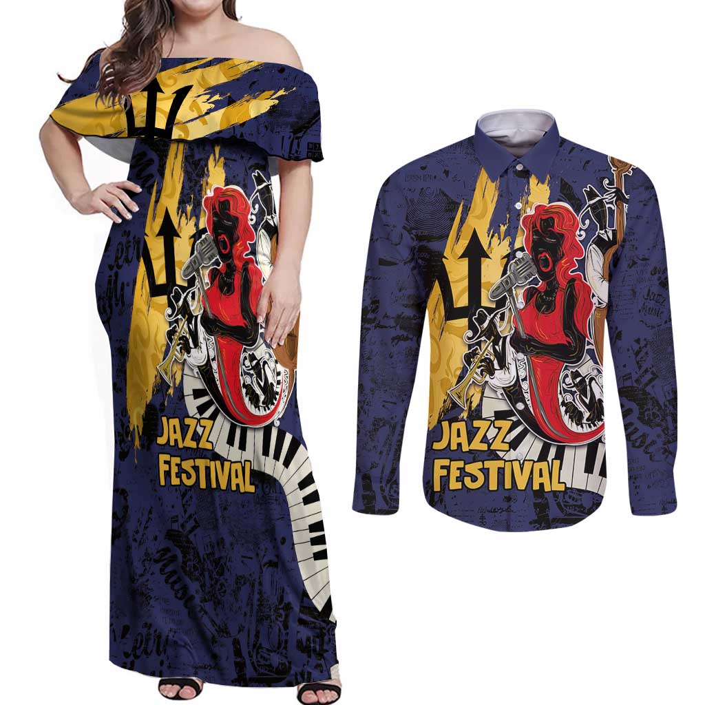 Barbados Jazz Festival - Abstract Jazz Art Couples Matching Off Shoulder Maxi Dress and Long Sleeve Button Shirt