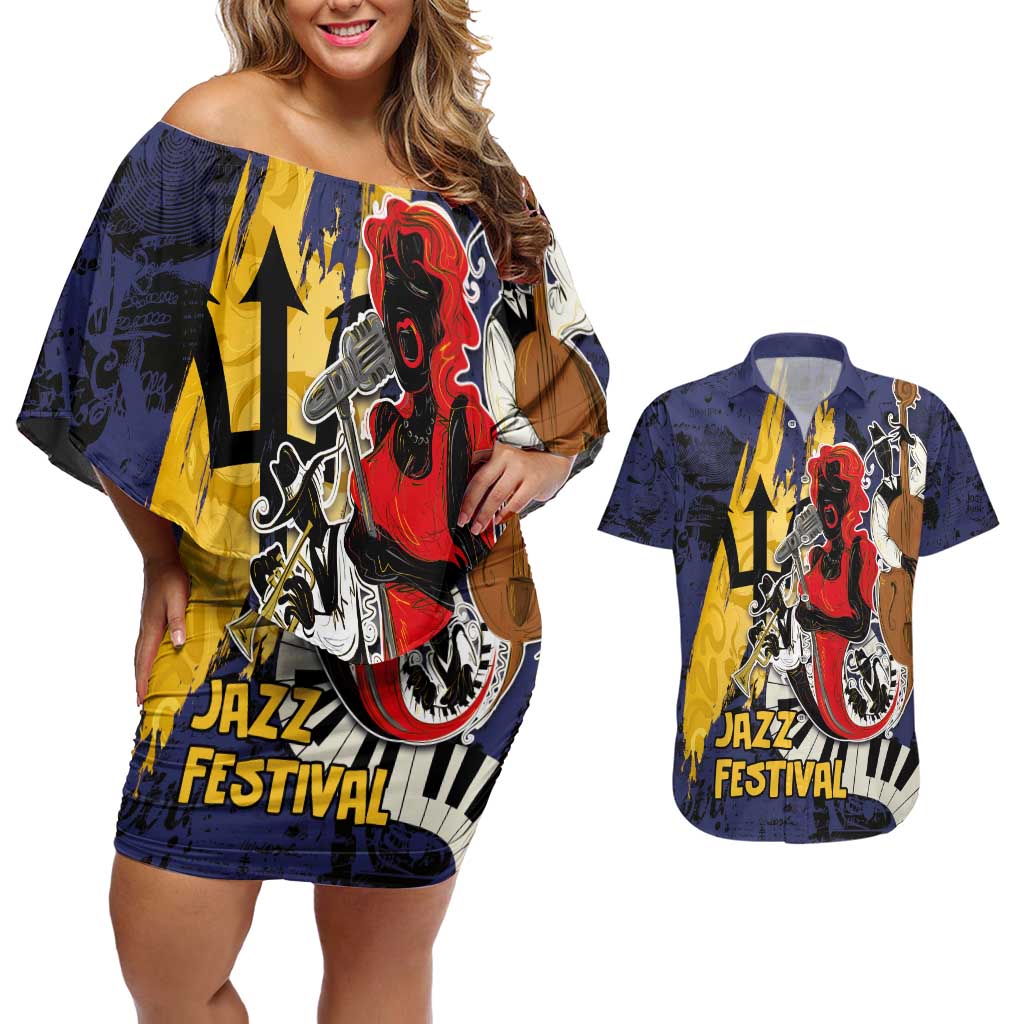 Barbados Jazz Festival - Abstract Jazz Art Couples Matching Off Shoulder Short Dress and Hawaiian Shirt