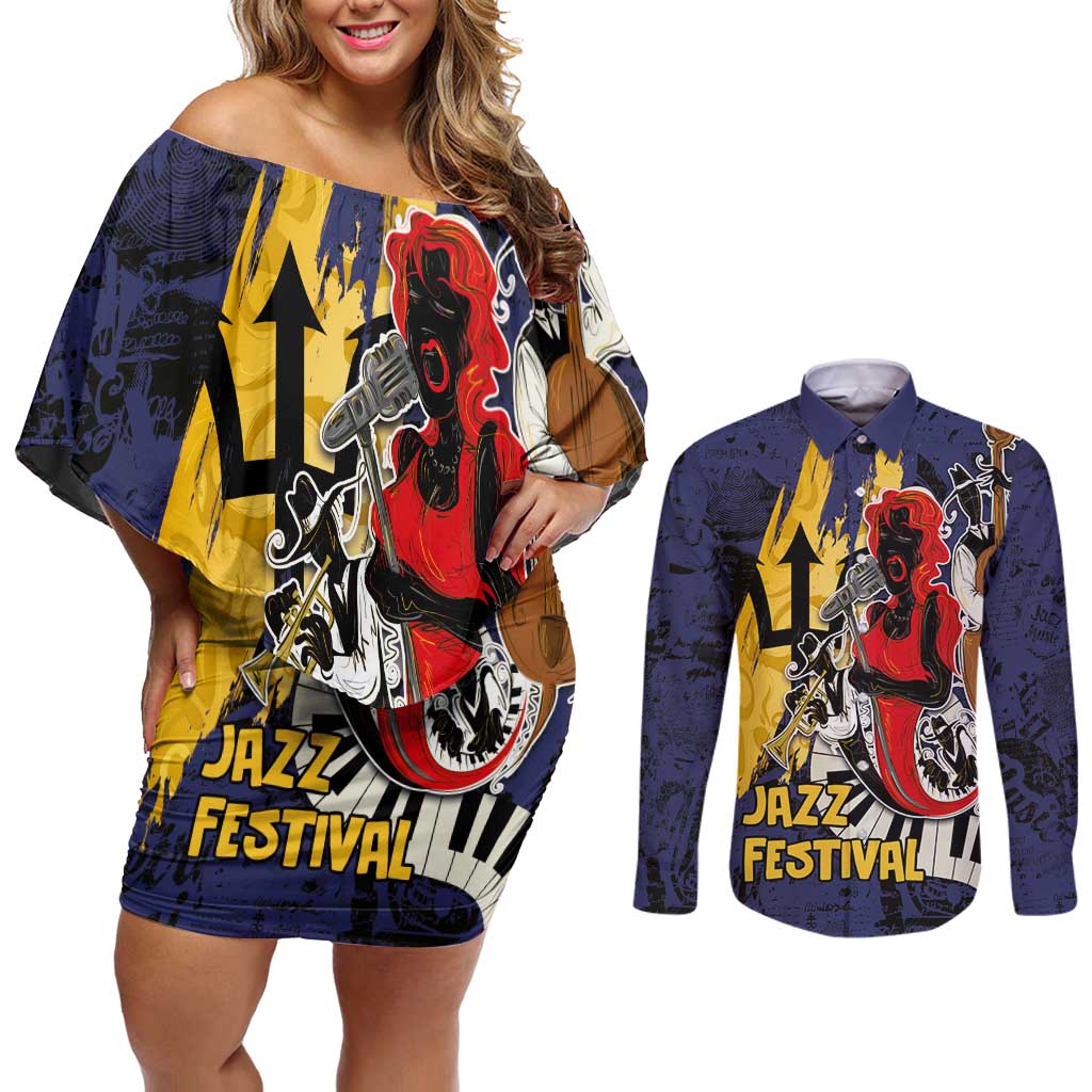 Barbados Jazz Festival - Abstract Jazz Art Couples Matching Off Shoulder Short Dress and Long Sleeve Button Shirt