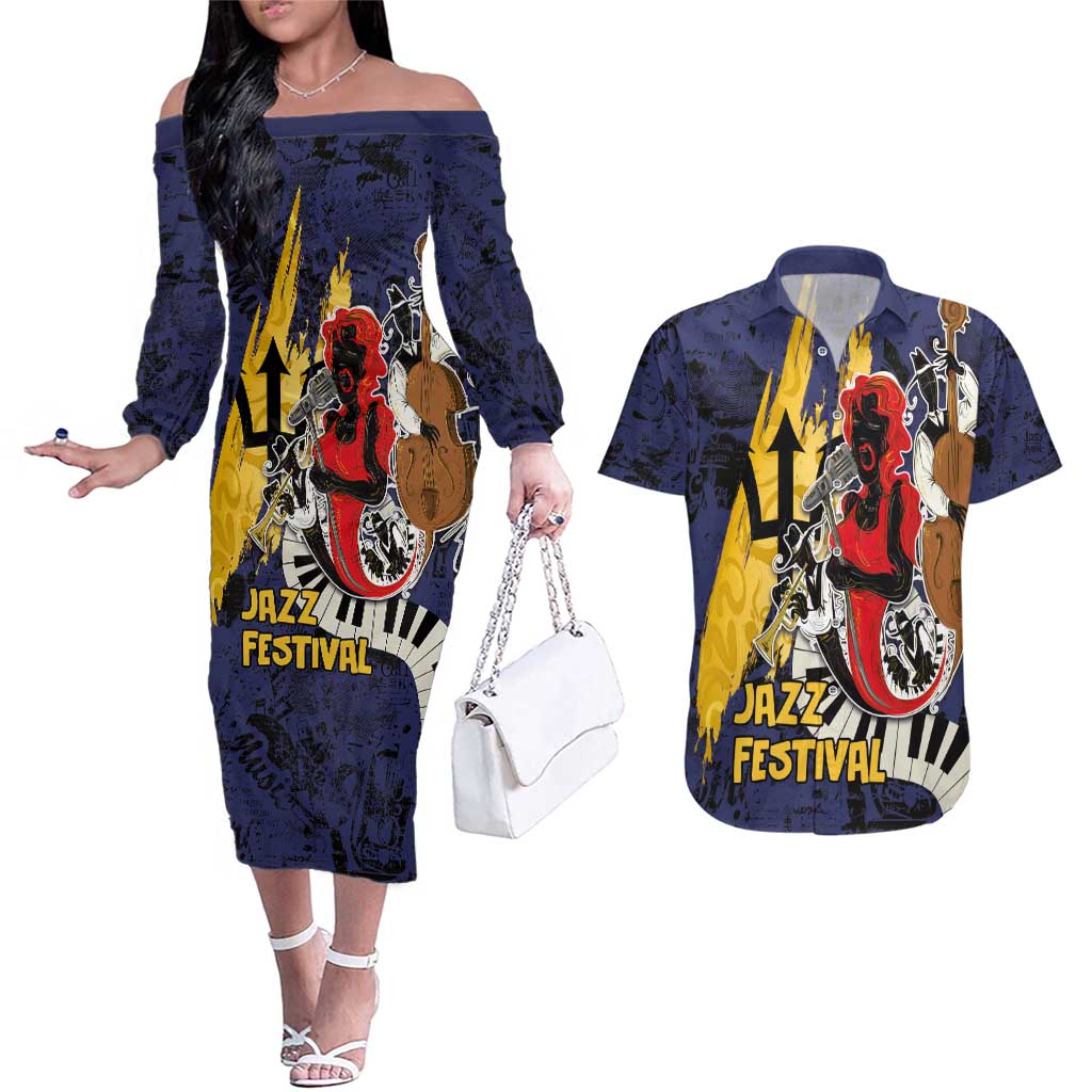 Barbados Jazz Festival - Abstract Jazz Art Couples Matching Off The Shoulder Long Sleeve Dress and Hawaiian Shirt