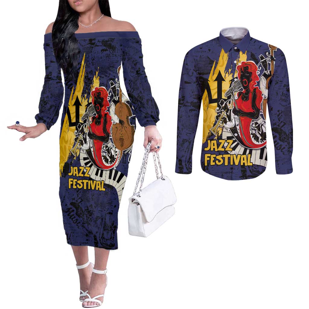 Barbados Jazz Festival - Abstract Jazz Art Couples Matching Off The Shoulder Long Sleeve Dress and Long Sleeve Button Shirt