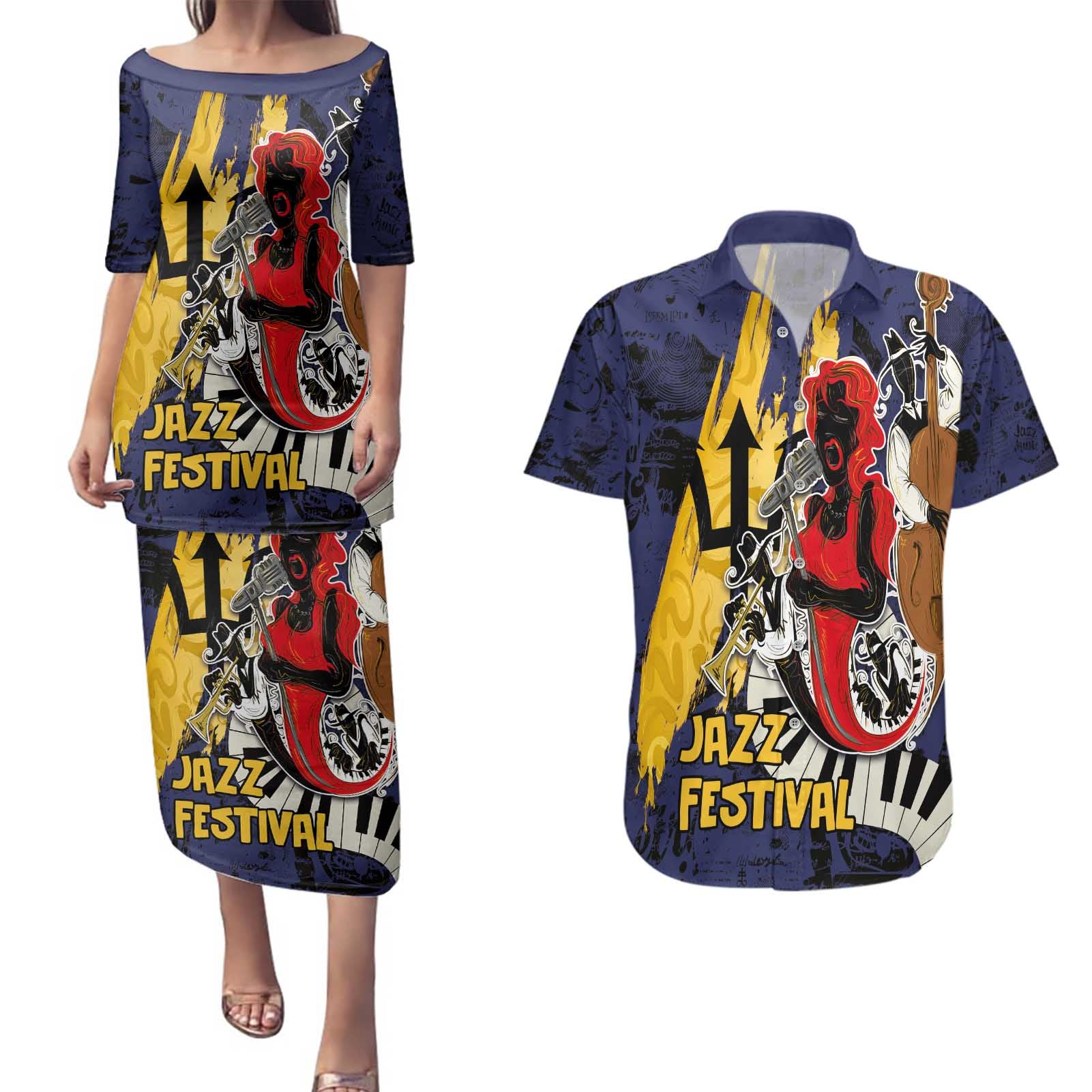 Barbados Jazz Festival - Abstract Jazz Art Couples Matching Puletasi and Hawaiian Shirt