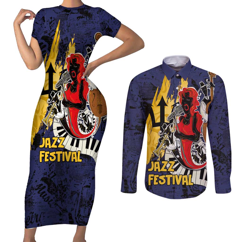 Barbados Jazz Festival - Abstract Jazz Art Couples Matching Short Sleeve Bodycon Dress and Long Sleeve Button Shirt