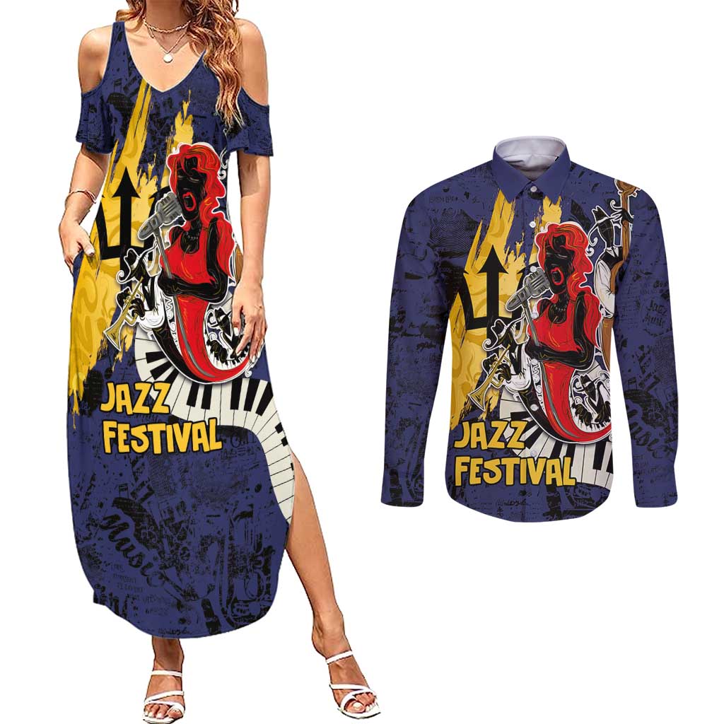 Barbados Jazz Festival - Abstract Jazz Art Couples Matching Summer Maxi Dress and Long Sleeve Button Shirt