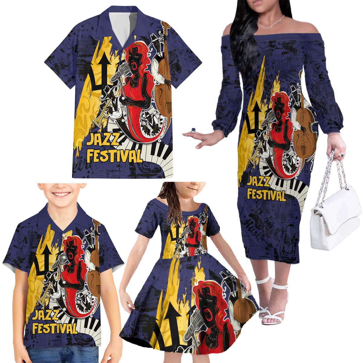 Barbados Jazz Festival - Abstract Jazz Art Family Matching Off The Shoulder Long Sleeve Dress and Hawaiian Shirt