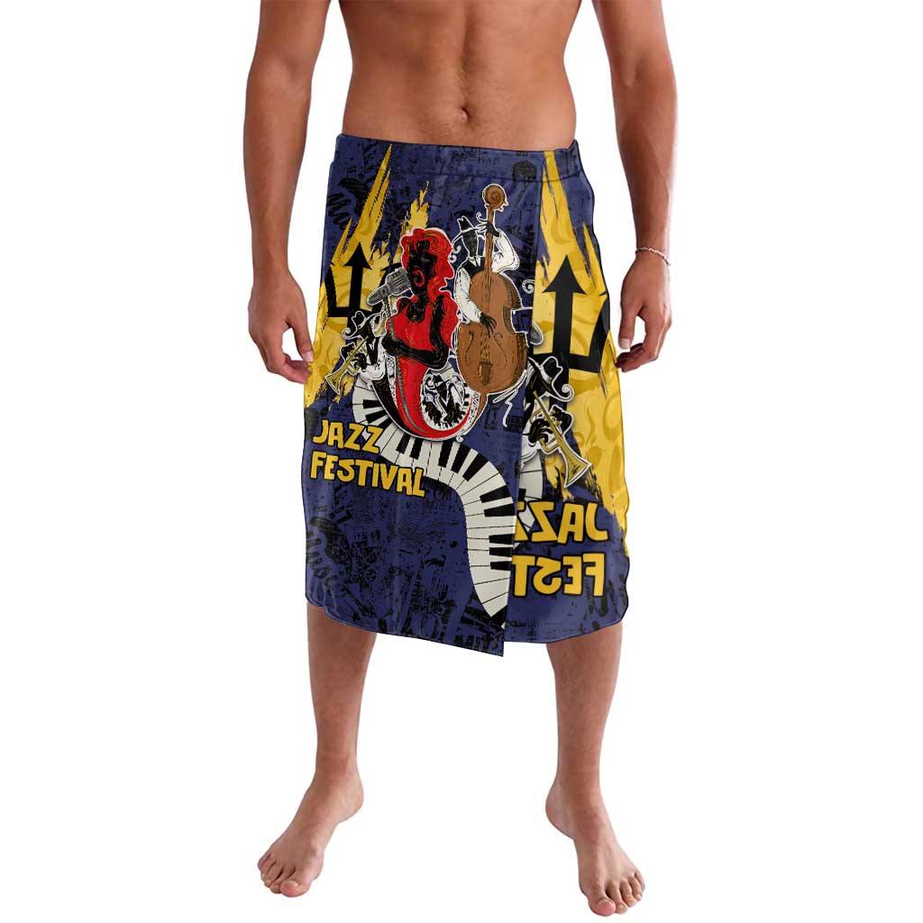 Abstract jazz festival graphic shorts with deep blue, yellow, red instruments