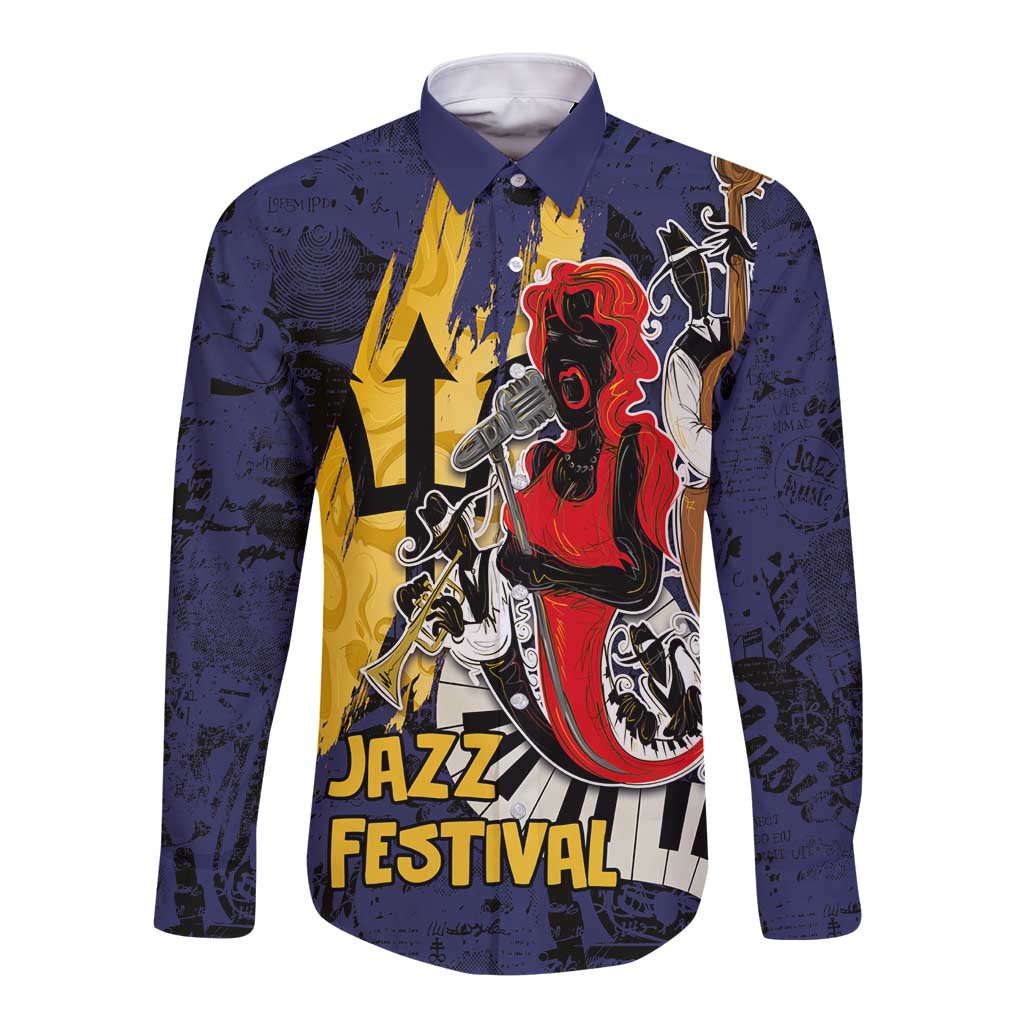 Deep blue long-sleeve button shirt with abstract jazz musician and guitar graphic, pointed collar