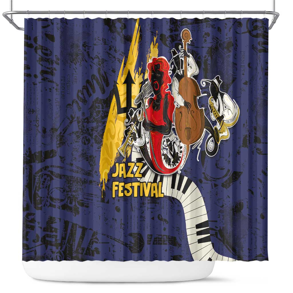Deep blue shower curtain with abstract jazz festival instruments and “JAZZ FESTIVAL” text