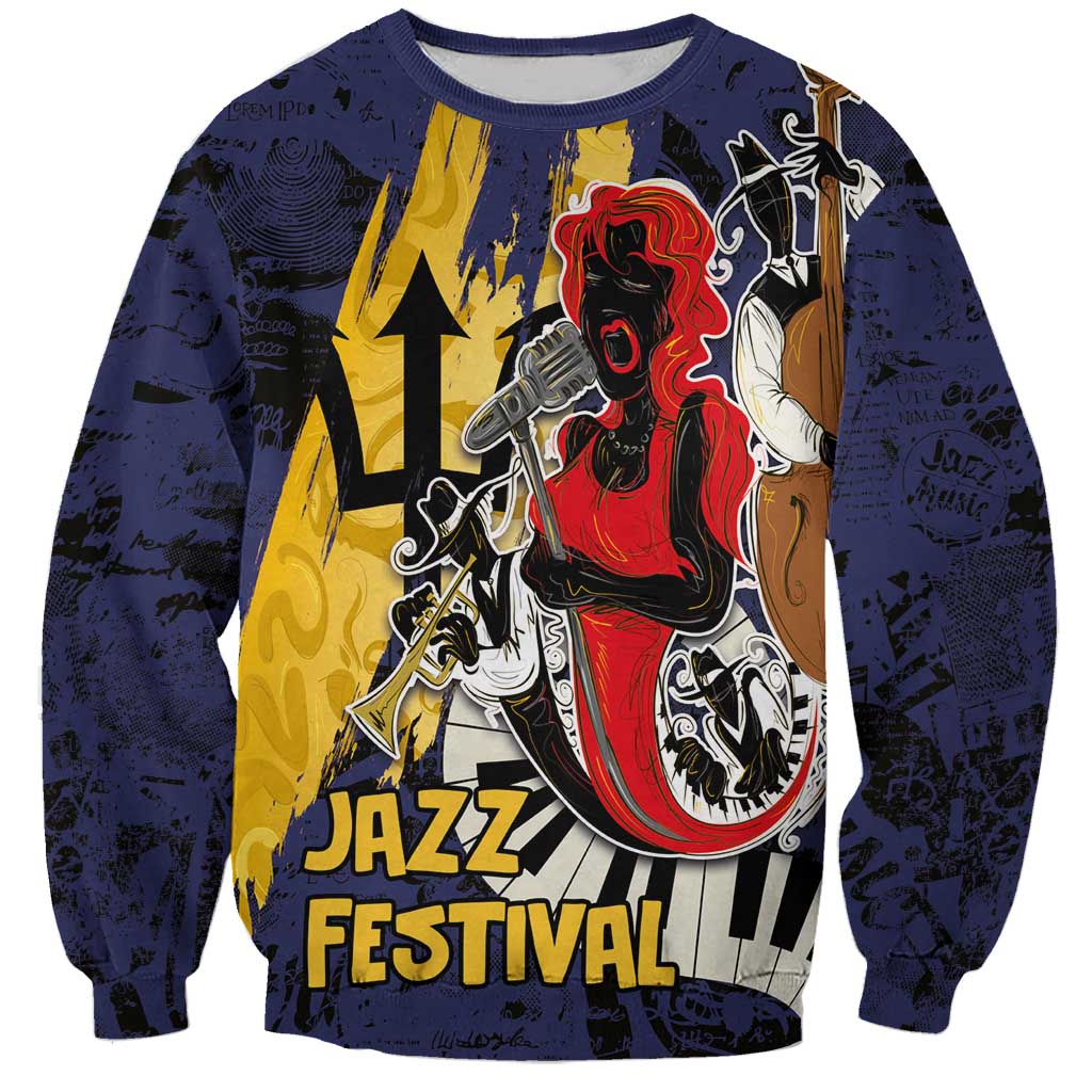 Unisex deep blue crewneck sweatshirt with colorful jazz festival graphic front