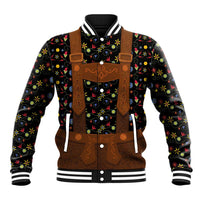 Black floral baseball jacket with brown leather-look front straps and snap buttons