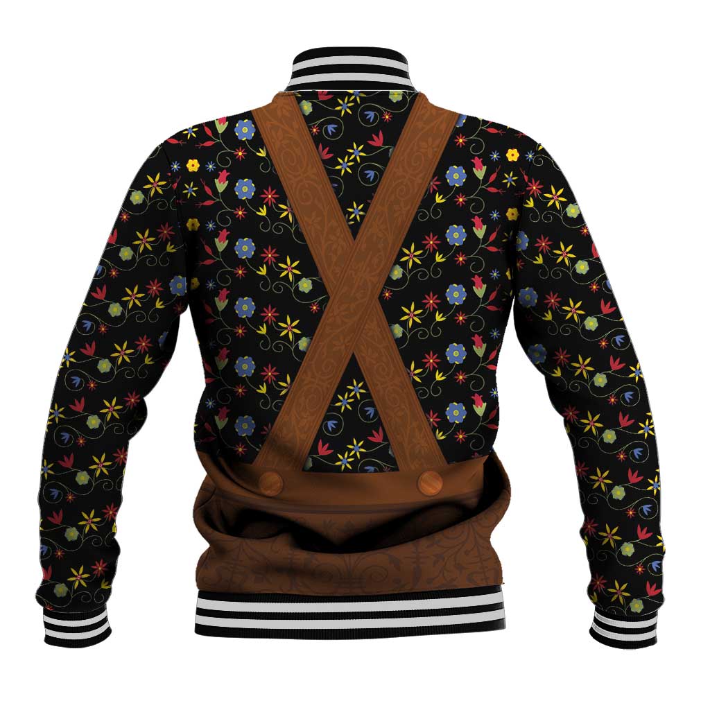Black floral baseball jacket with brown leather-look cross straps and striped ribbed cuffs