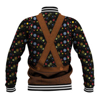 Black floral baseball jacket with brown leather-look cross straps and striped ribbed cuffs