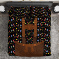 Black bedding set with colorful folk floral pattern and brown lederhosen-style appliques