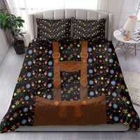 Black duvet and pillowcases with colorful folk floral print and brown lederhosen-style center panel