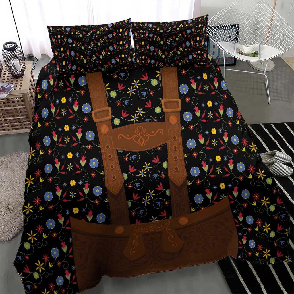 Black bedding set featuring colorful flower motif and brown lederhosen-style apron graphic