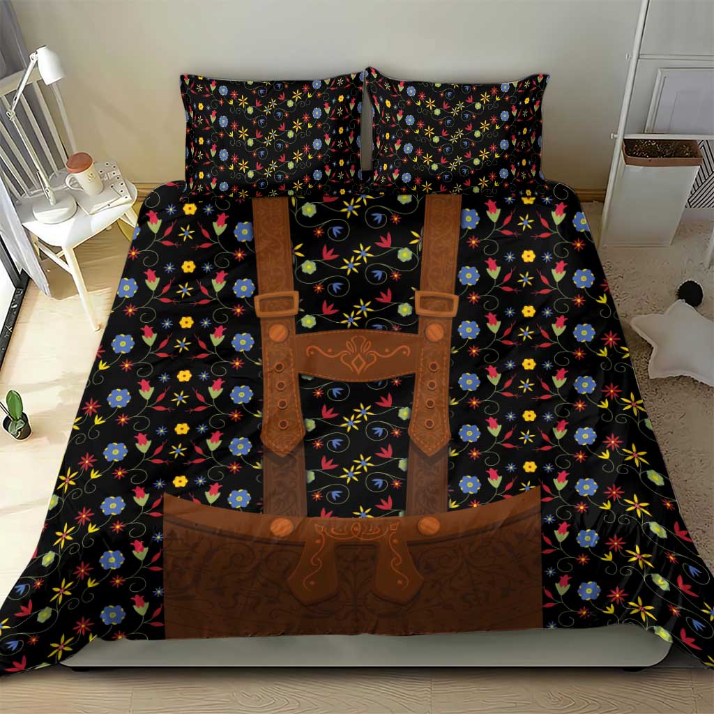 Black duvet cover with colorful folk floral pattern and brown lederhosen-style front details