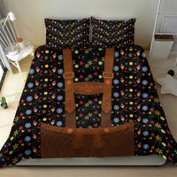 Black duvet cover with colorful folk floral pattern and brown lederhosen-style front details