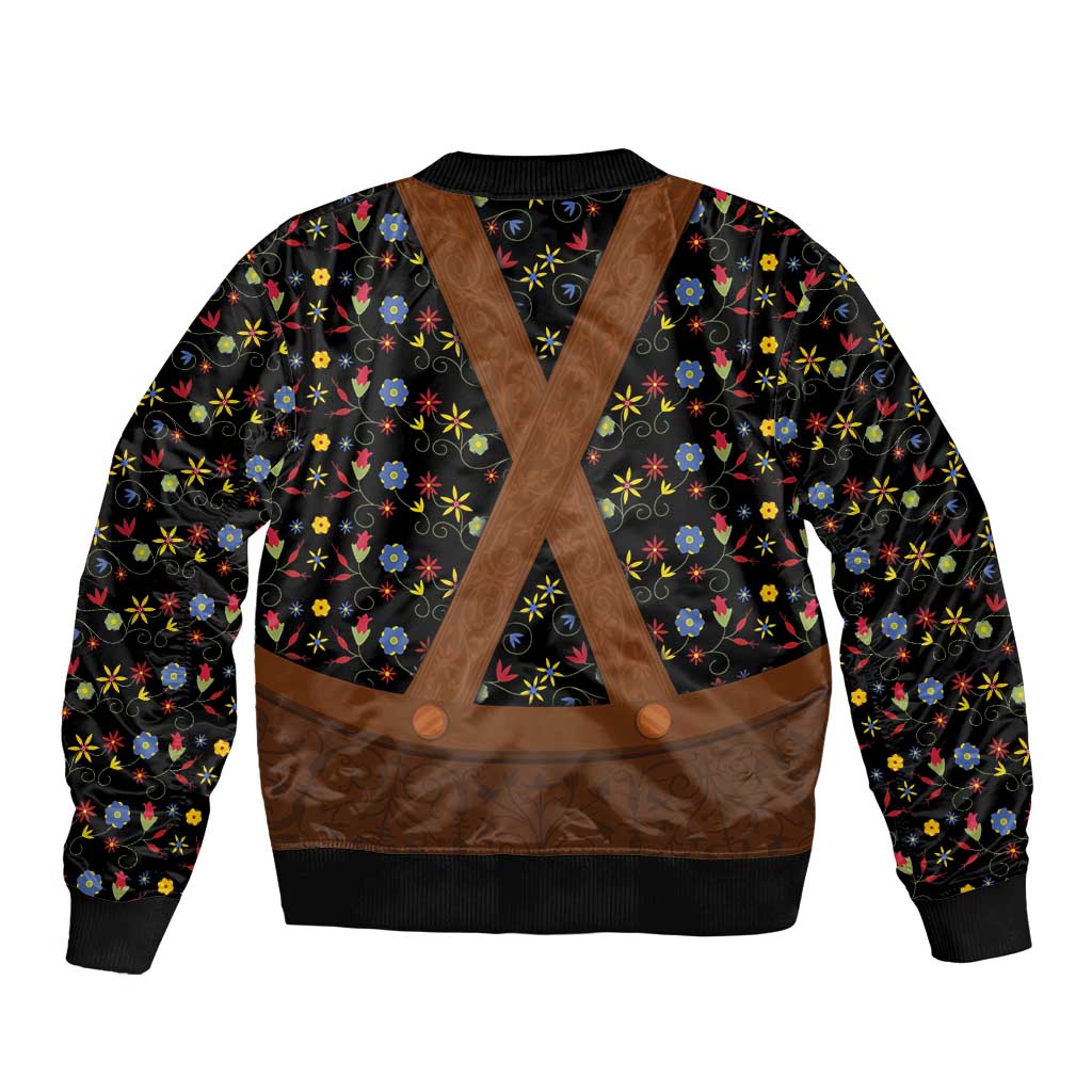 Floral bomber jacket with V-shaped brown panel, faux leather trim, ribbed hem