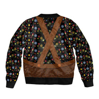 Floral bomber jacket with V-shaped brown panel, faux leather trim, ribbed hem