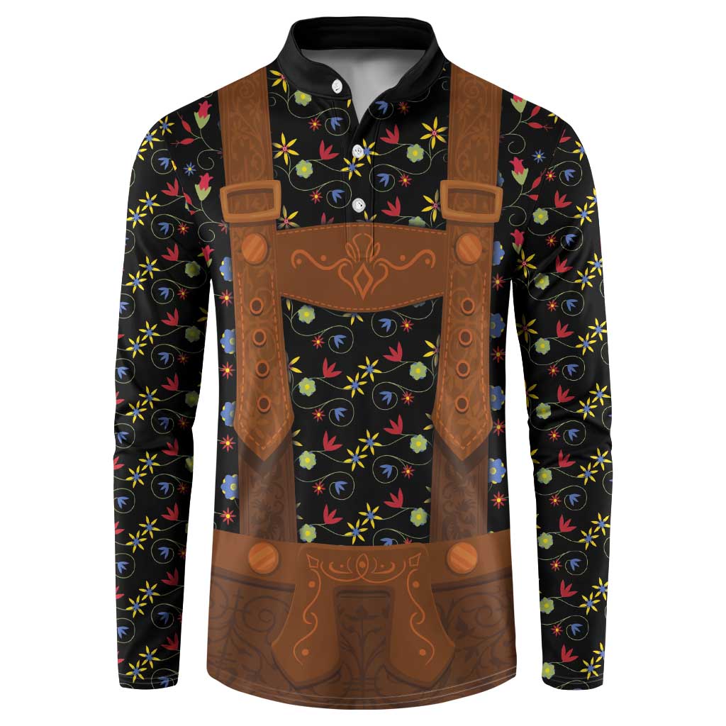 Black button-front sweatshirt with floral print and brown lederhosen-style front panel