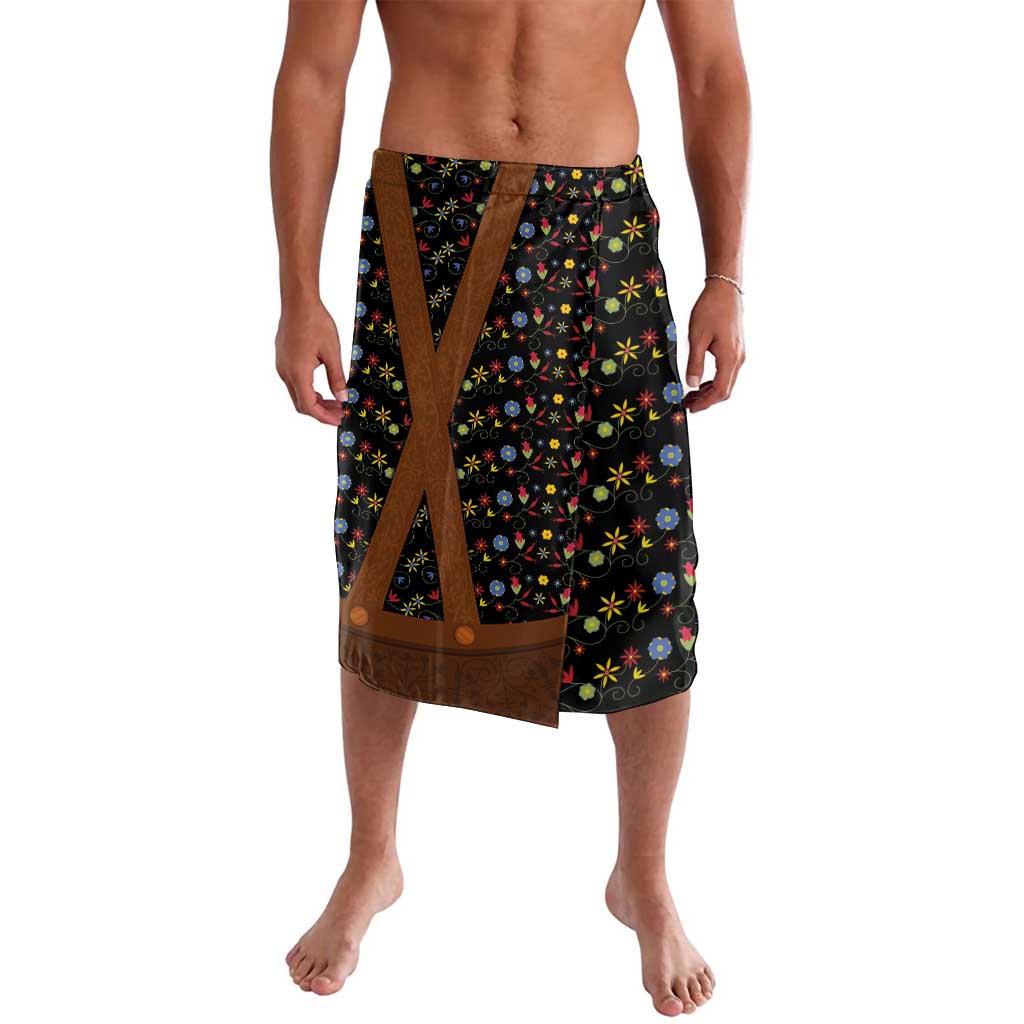 Men's black lederhosen shorts with colorful folk floral pattern and brown leather trim