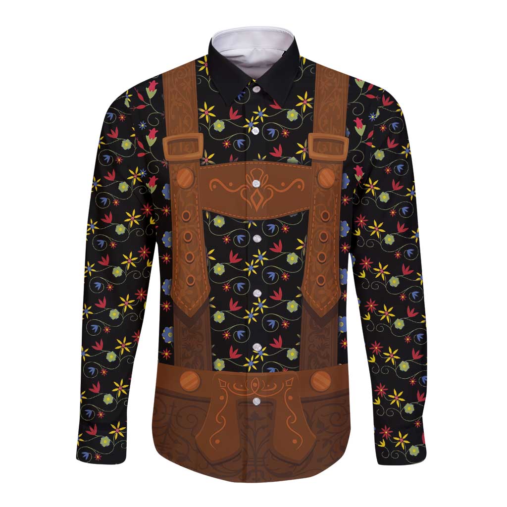 Black long-sleeve button shirt with colorful floral print and brown leather-style front bib